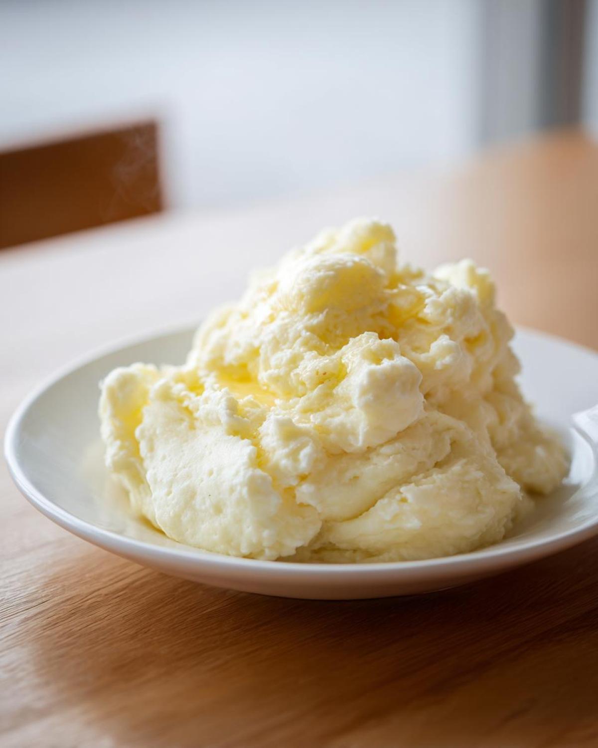 A generous serving of fluffy slow cooker mashed potatoes topped with melted butter on a white plate.