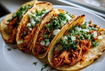Four freshly made chicken tacos filled with shredded orange chicken, topped with diced white onion and cilantro.