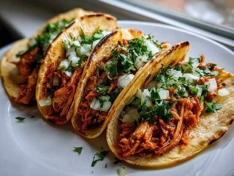 Four freshly made chicken tacos filled with shredded orange chicken, topped with diced white onion and cilantro.