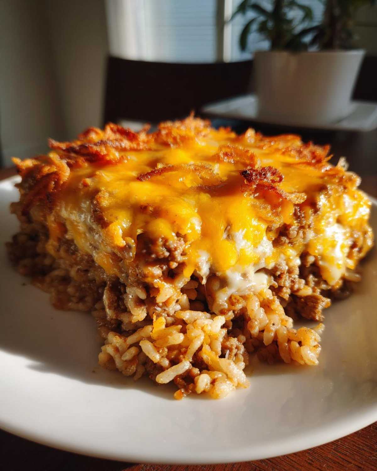 A close-up serving of french onion ground beef and rice casserole topped with melted cheddar cheese.