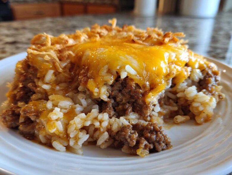 A close-up of a serving of french onion ground beef and rice casserole topped with melted cheddar cheese.