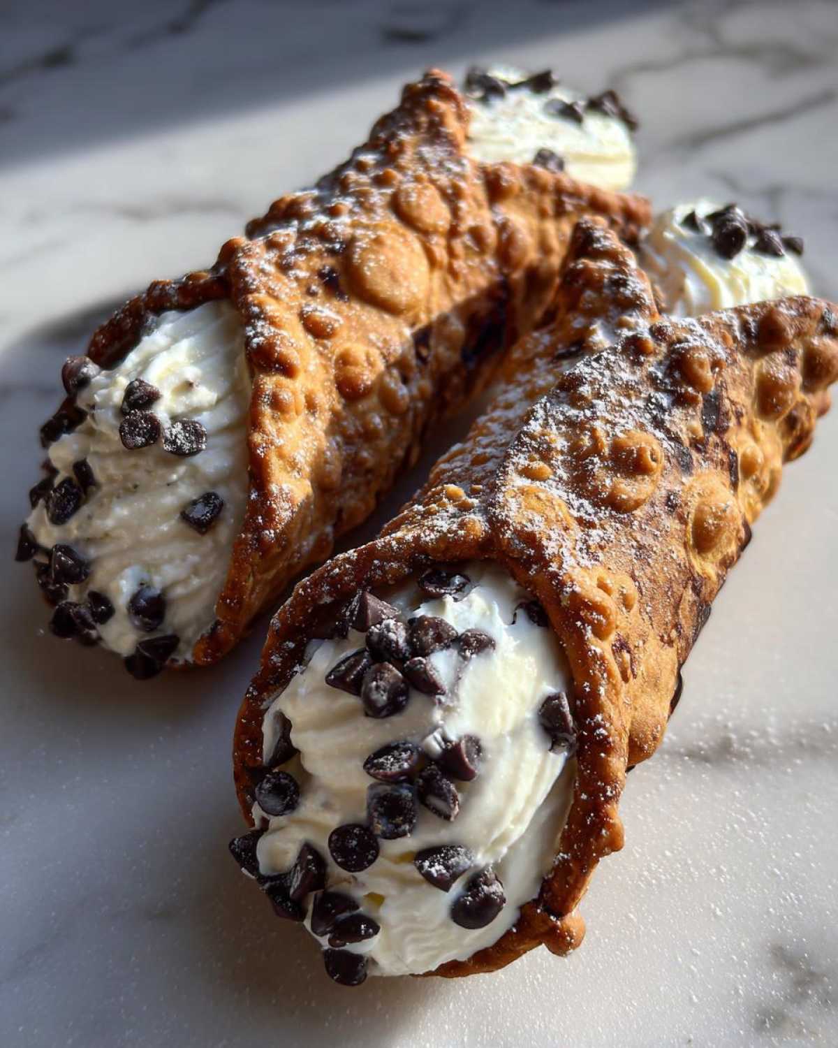 Three freshly made cannoli pastries filled with sweet ricotta cream and mini chocolate chips, dusted with powdered sugar.