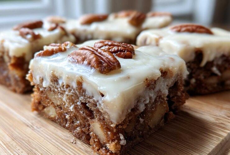 A close-up of a rich, fudgy apple brownies square topped with white frosting and a pecan half.