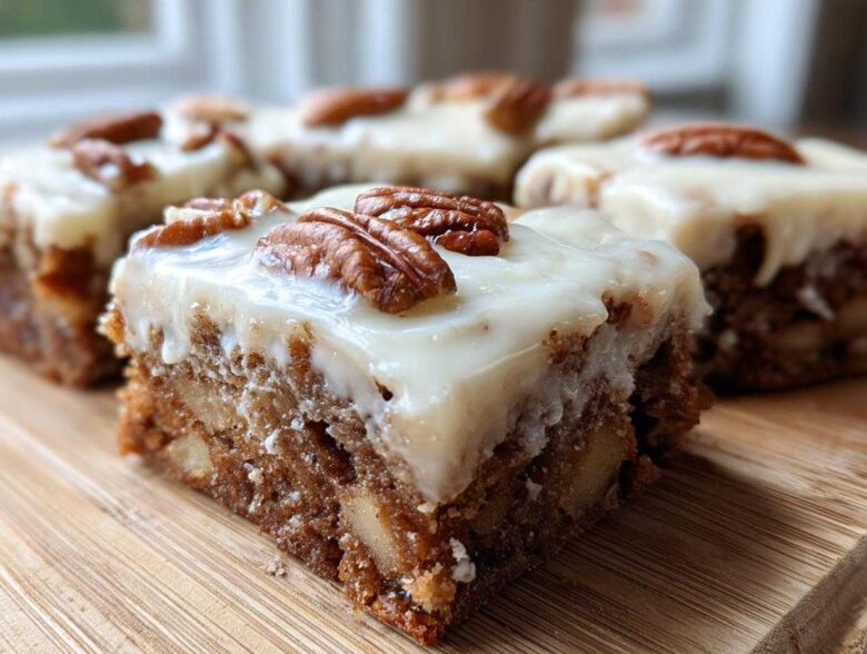 A close-up of a rich, fudgy apple brownies square topped with white frosting and a pecan half.