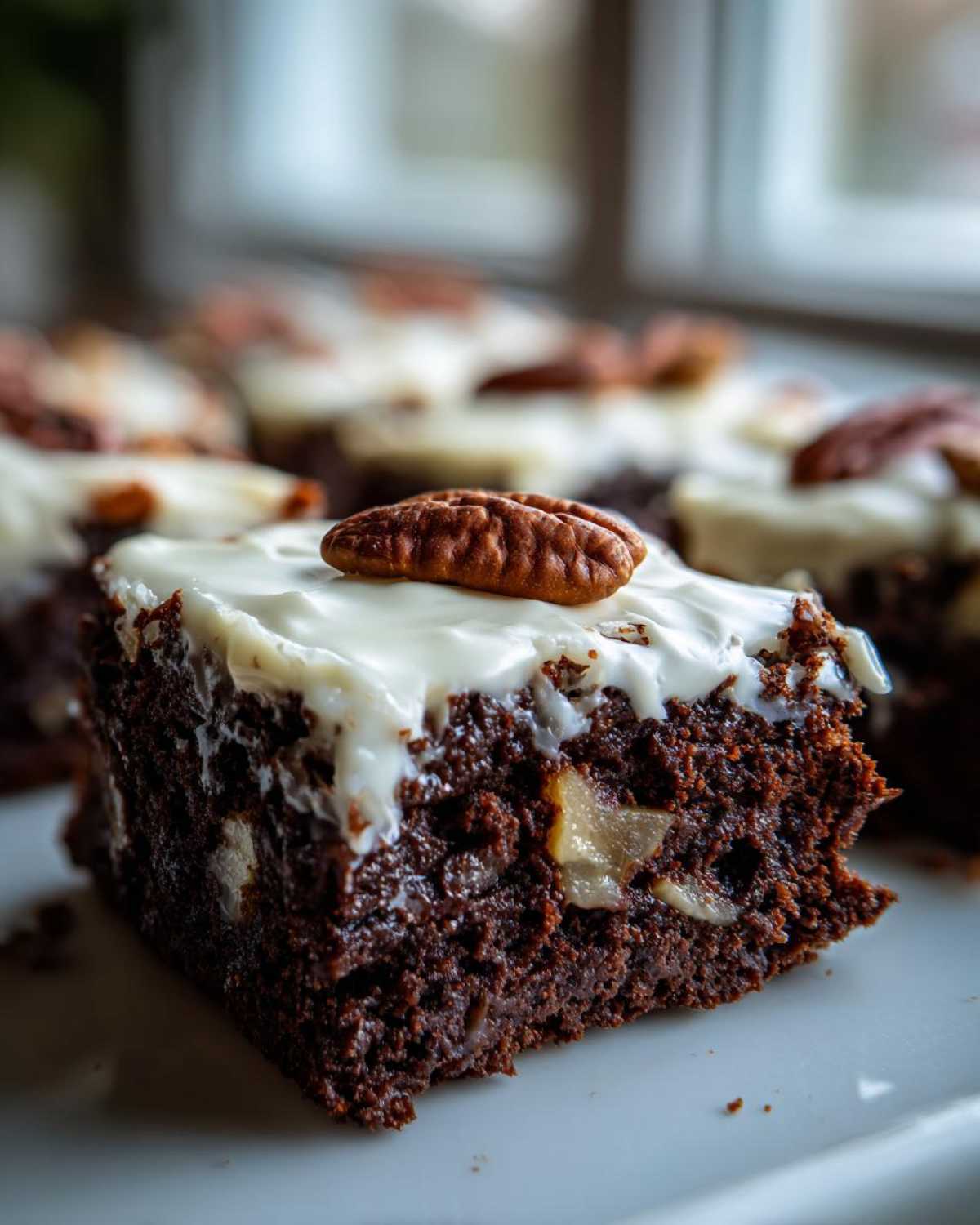 A rich, fudgy square of apple brownies topped with white frosting and a whole pecan.