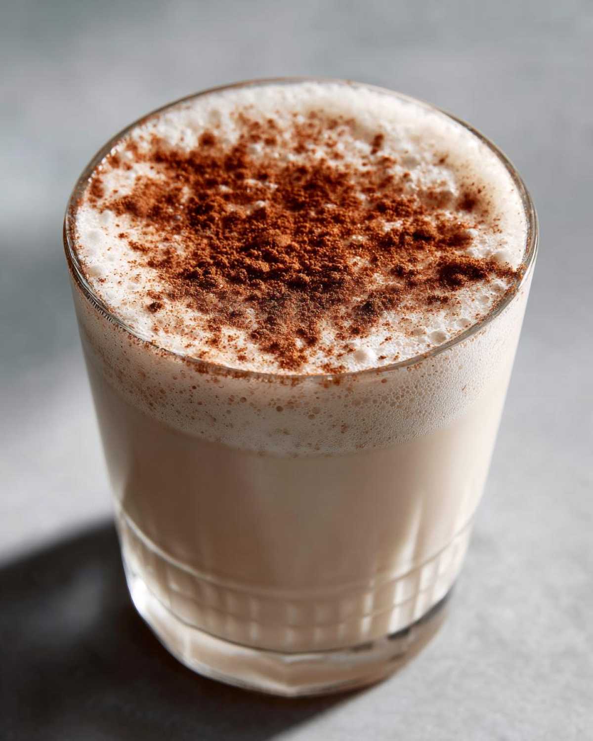 Close-up of a glass filled with creamy coquito topped with a thick layer of foam and sprinkled with ground cinnamon.