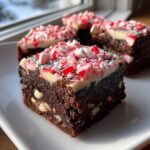 Close-up of a fudgy candy cane brownies square topped with white chocolate frosting and crushed peppermint candy.