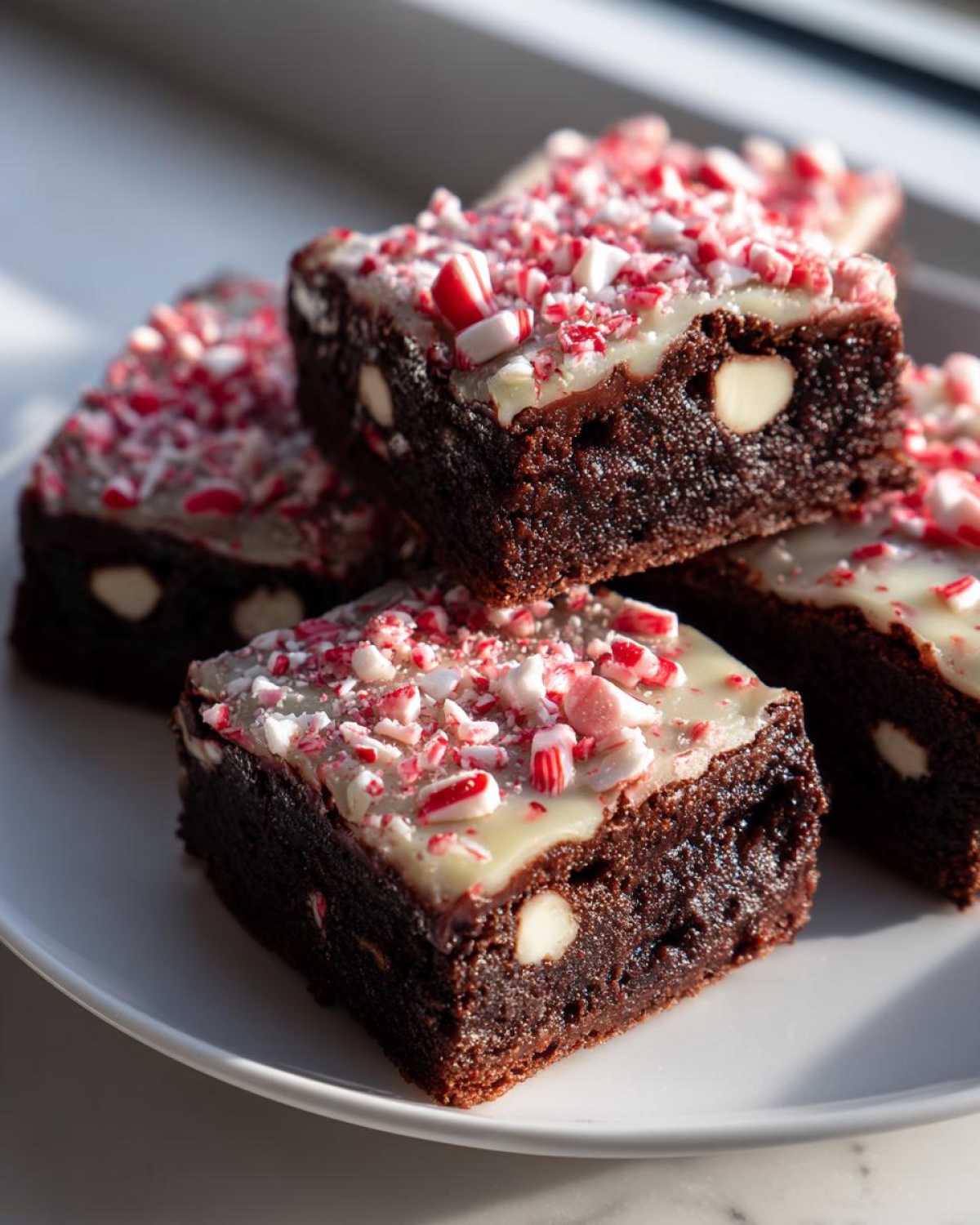 Close-up of fudgy candy cane brownies stacked on a white plate, topped with white chocolate glaze and crushed peppermint.