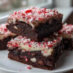 Stack of fudgy candy cane brownies topped with white frosting and crushed peppermint candy pieces.