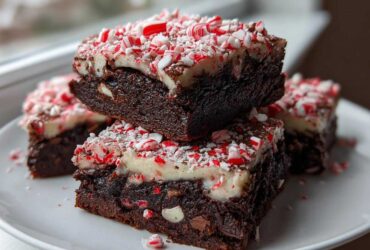 Stack of fudgy candy cane brownies topped with white frosting and crushed peppermint candy pieces.