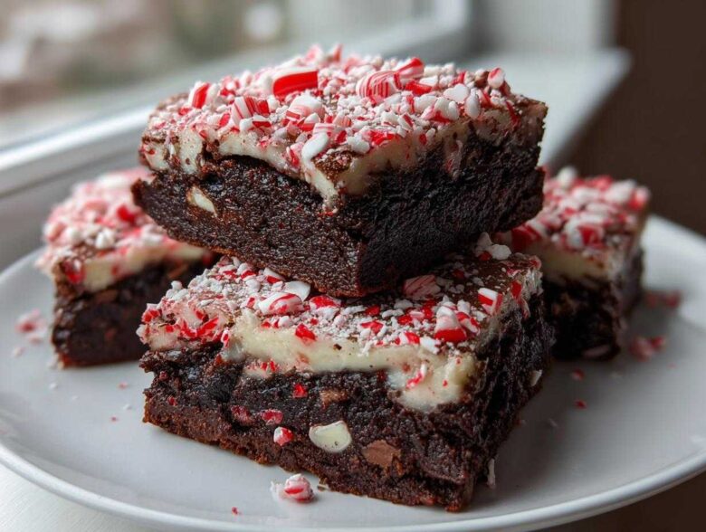 Stack of fudgy candy cane brownies topped with white frosting and crushed peppermint candy pieces.