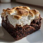 Close-up of a fudgy hot chocolate brownie slice topped with toasted, golden-brown marshmallows on a white plate.