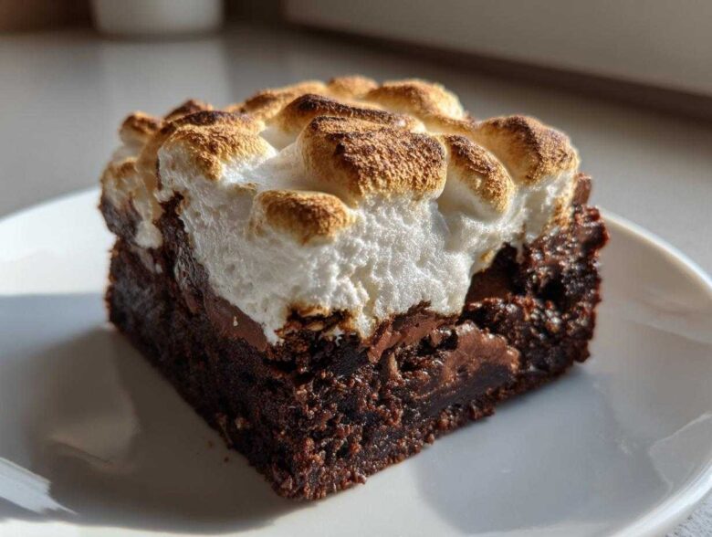Close-up of a fudgy hot chocolate brownie slice topped with toasted, golden-brown marshmallows on a white plate.