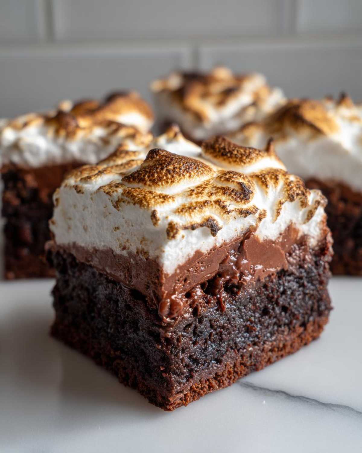 Close-up of a fudgy hot chocolate brownie square topped with melted chocolate and toasted marshmallow.