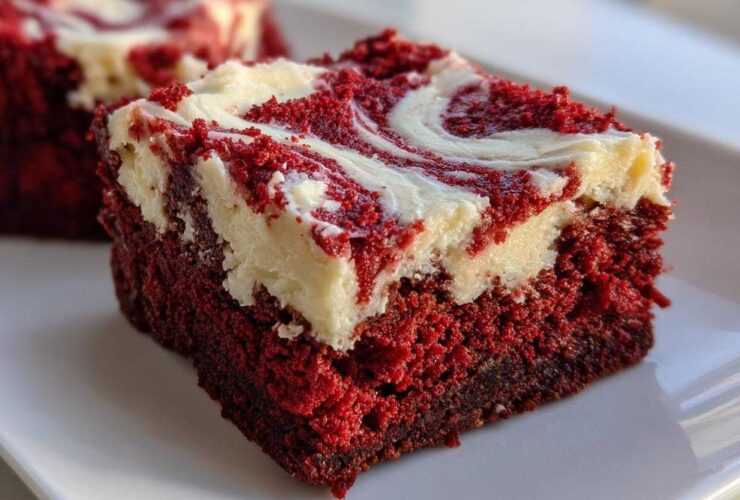 Close-up of a fudgy red velvet brownies square with a thick, white cream cheese swirl topping.