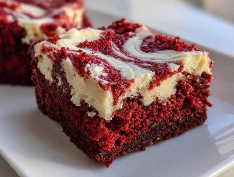Close-up of a fudgy red velvet brownies square with a thick, white cream cheese swirl topping.