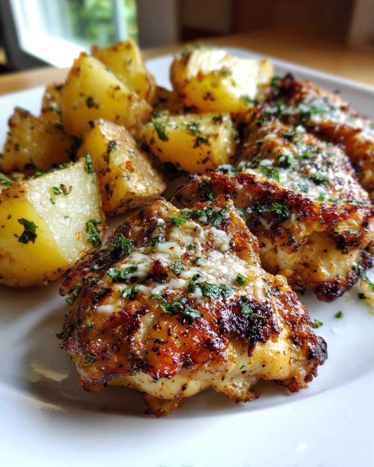 Close-up of golden brown garlic parmesan chicken and roasted potatoes garnished with melted cheese and parsley.