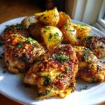 Close-up of baked garlic parmesan chicken and potatoes garnished with fresh parsley on a white plate.