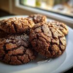 A stack of rich, dark gingersnap cookies coated in sparkling sugar crystals resting on a white plate.