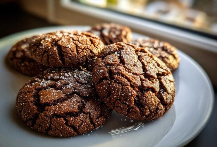 A stack of rich, dark gingersnap cookies coated in sparkling sugar crystals resting on a white plate.