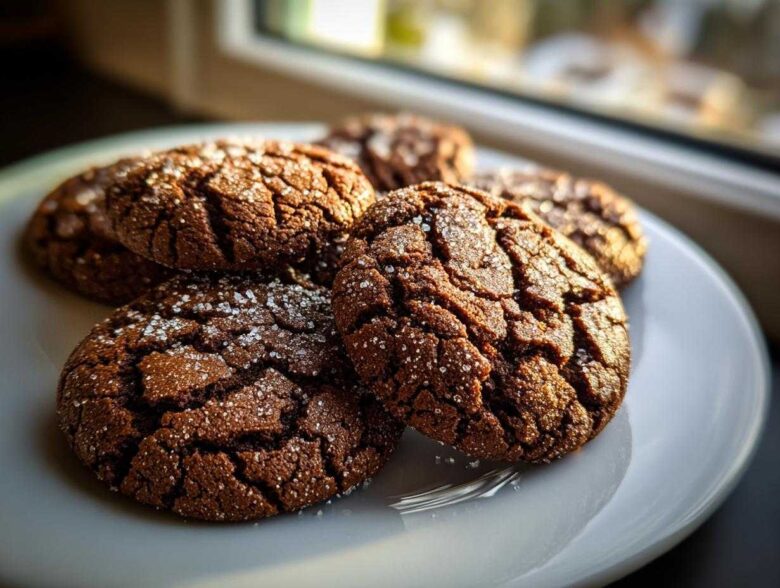 A stack of rich, dark gingersnap cookies coated in sparkling sugar crystals resting on a white plate.