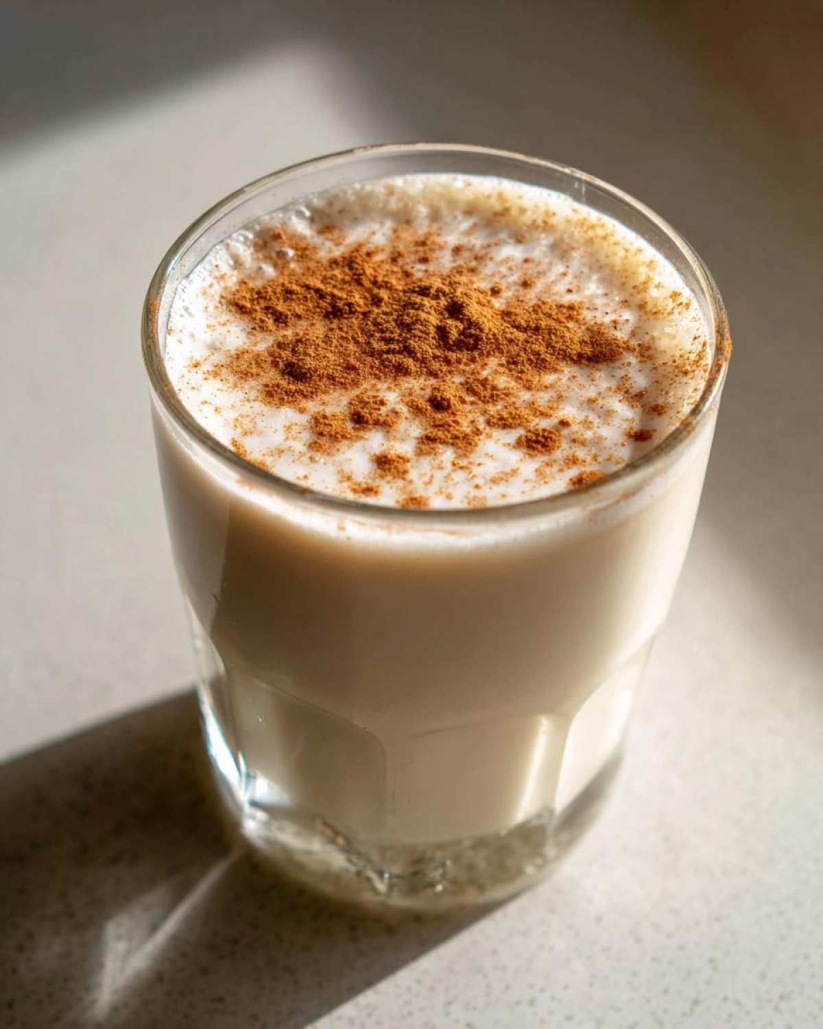 A chilled glass of creamy coquito recipe topped generously with ground cinnamon.