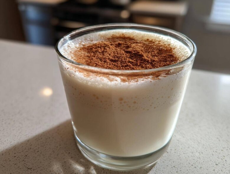 A creamy glass of homemade coquito recipe topped generously with ground cinnamon.
