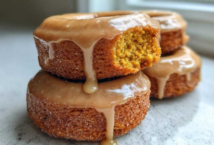 A stack of moist baked pumpkin donuts topped with a thick, dripping caramel glaze, one donut has a bite taken out.