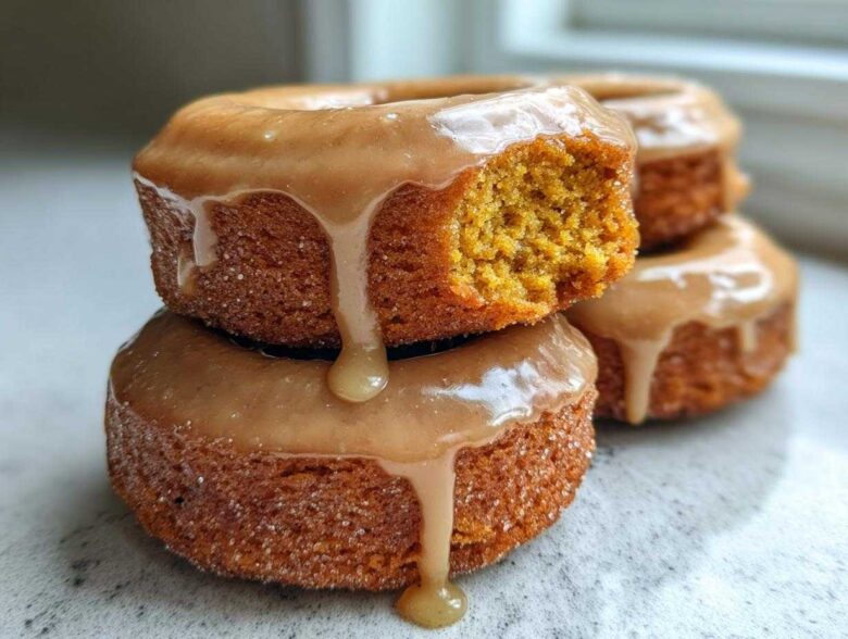 A stack of moist baked pumpkin donuts topped with a thick, dripping caramel glaze, one donut has a bite taken out.
