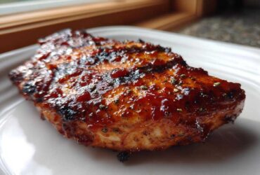 Close-up of a piece of grilled chicken heavily coated in shiny, dark homemade bbq sauce.