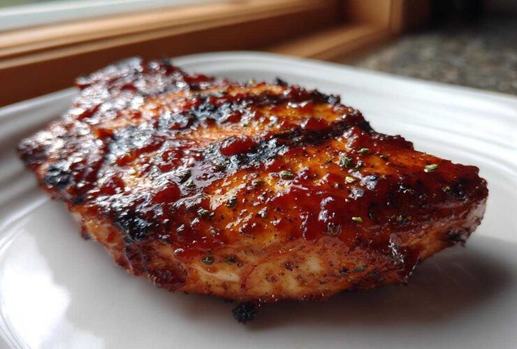Close-up of a piece of grilled chicken heavily coated in shiny, dark homemade bbq sauce.