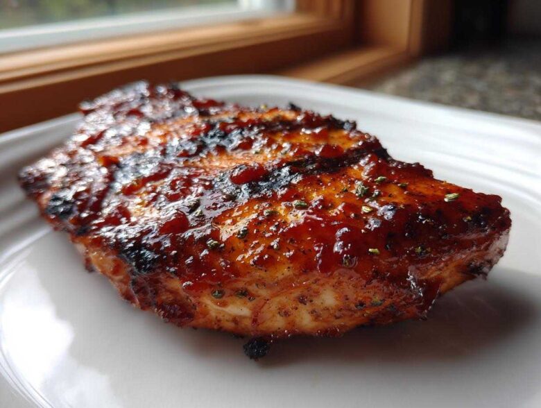 Close-up of a piece of grilled chicken heavily coated in shiny, dark homemade bbq sauce.