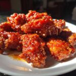 A close-up of crispy, glazed korean fried chicken recipe pieces sprinkled with sesame seeds on a white plate.