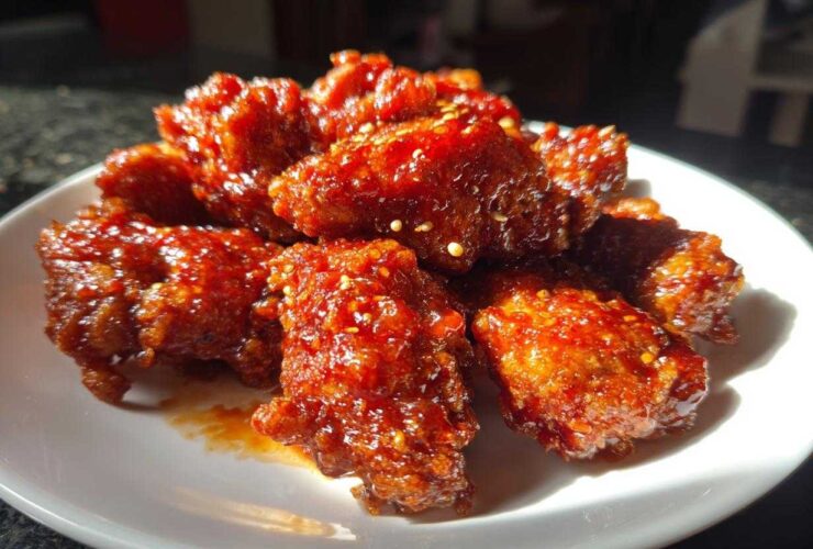 A close-up of crispy, glazed korean fried chicken recipe pieces sprinkled with sesame seeds on a white plate.