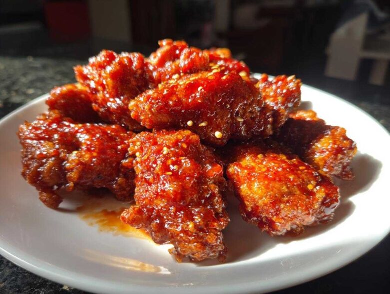 A close-up of crispy, glazed korean fried chicken recipe pieces sprinkled with sesame seeds on a white plate.