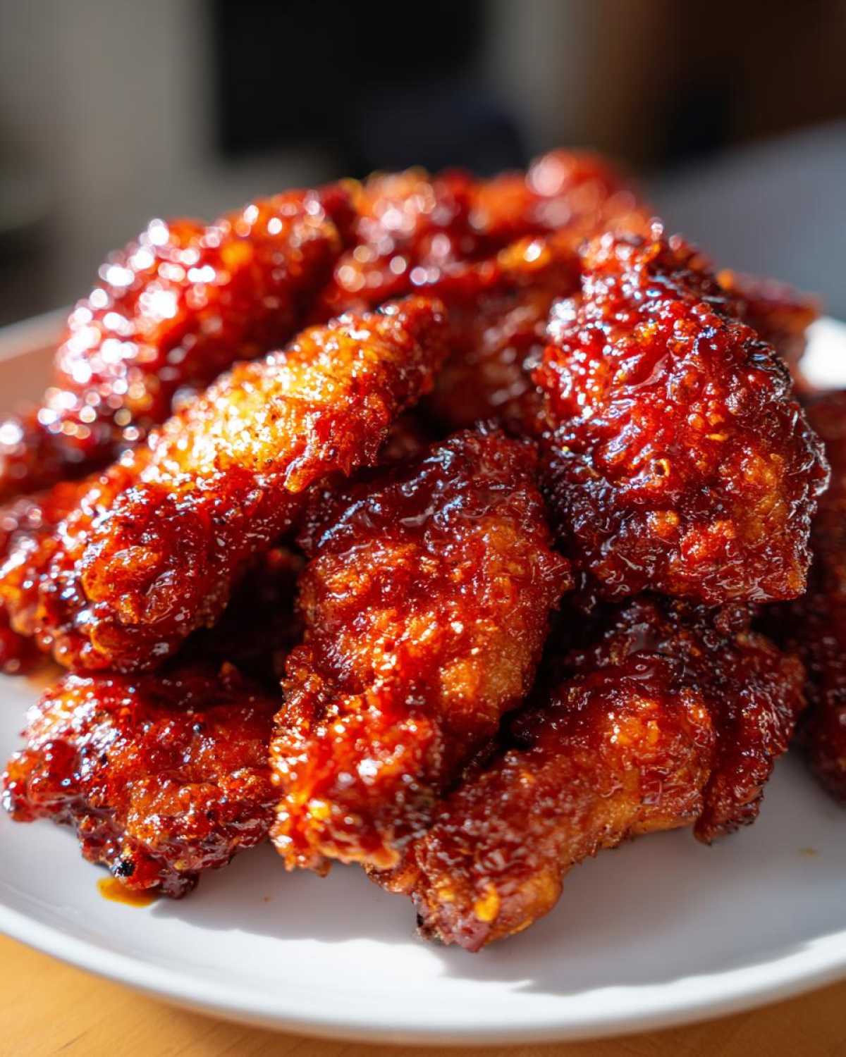 Close-up of glossy, deep red glazed korean fried chicken pieces piled on a white plate.