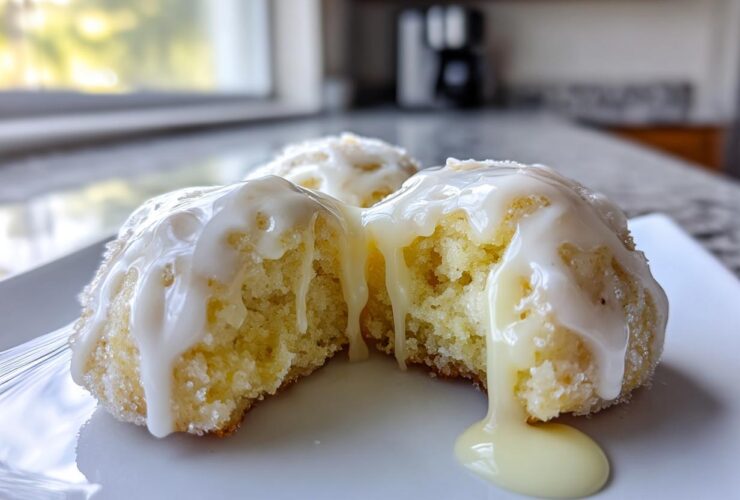 A soft lemon cookie, broken open to show the texture, dripping with thick white lemon glaze.