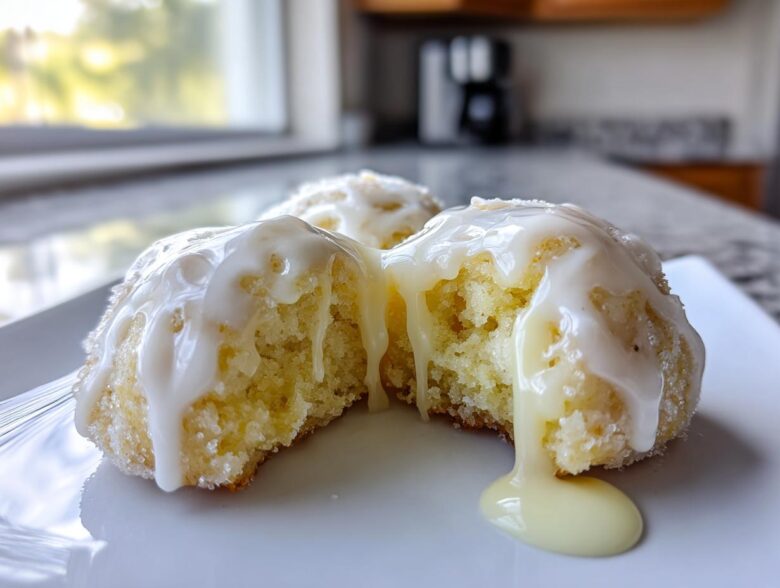A soft lemon cookie, broken open to show the texture, dripping with thick white lemon glaze.