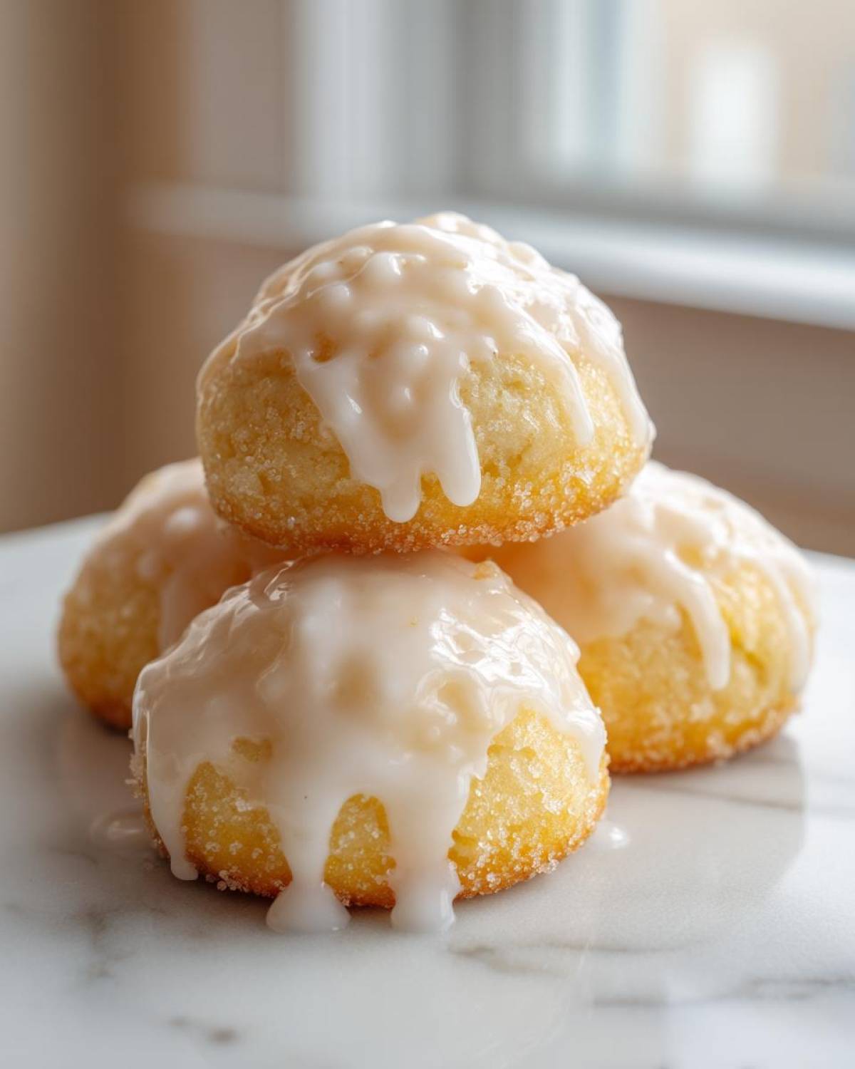 A stack of four soft, round lemon cookies topped with a thick, dripping lemon glaze.