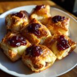 Close-up of golden baked brie bites made with puff pastry, melted brie, and a dollop of dark red jam.