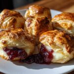 Close-up of golden baked brie bites wrapped in puff pastry, one showing melted brie and dark red jam filling.