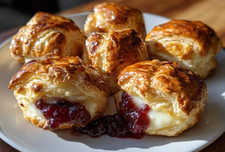 Close-up of golden baked brie bites wrapped in puff pastry, one showing melted brie and dark red jam filling.