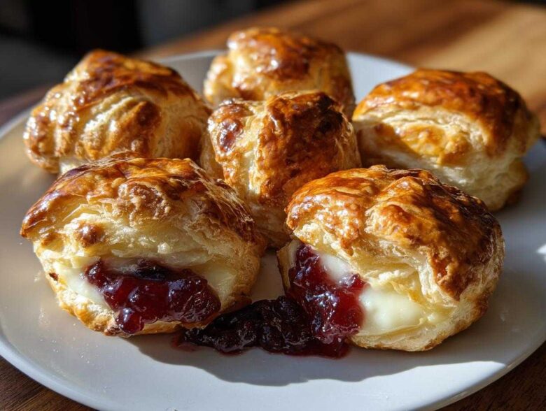 Close-up of golden baked brie bites wrapped in puff pastry, one showing melted brie and dark red jam filling.