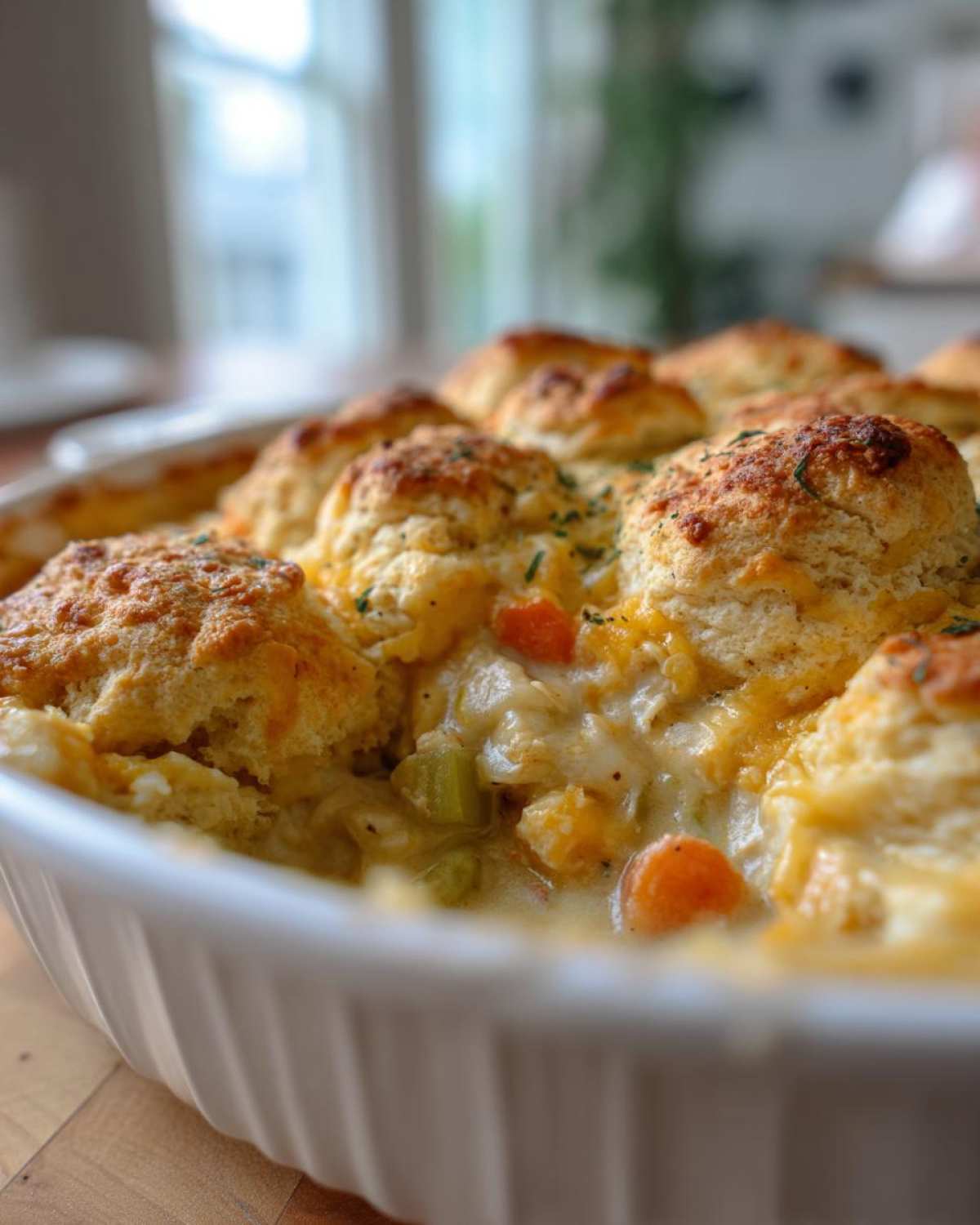 Close-up of a bubbling chicken cobbler with golden biscuits, carrots, and celery in a white baking dish.