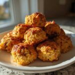 A plate piled high with golden brown, freshly baked bisquick sausage balls catching the sunlight.