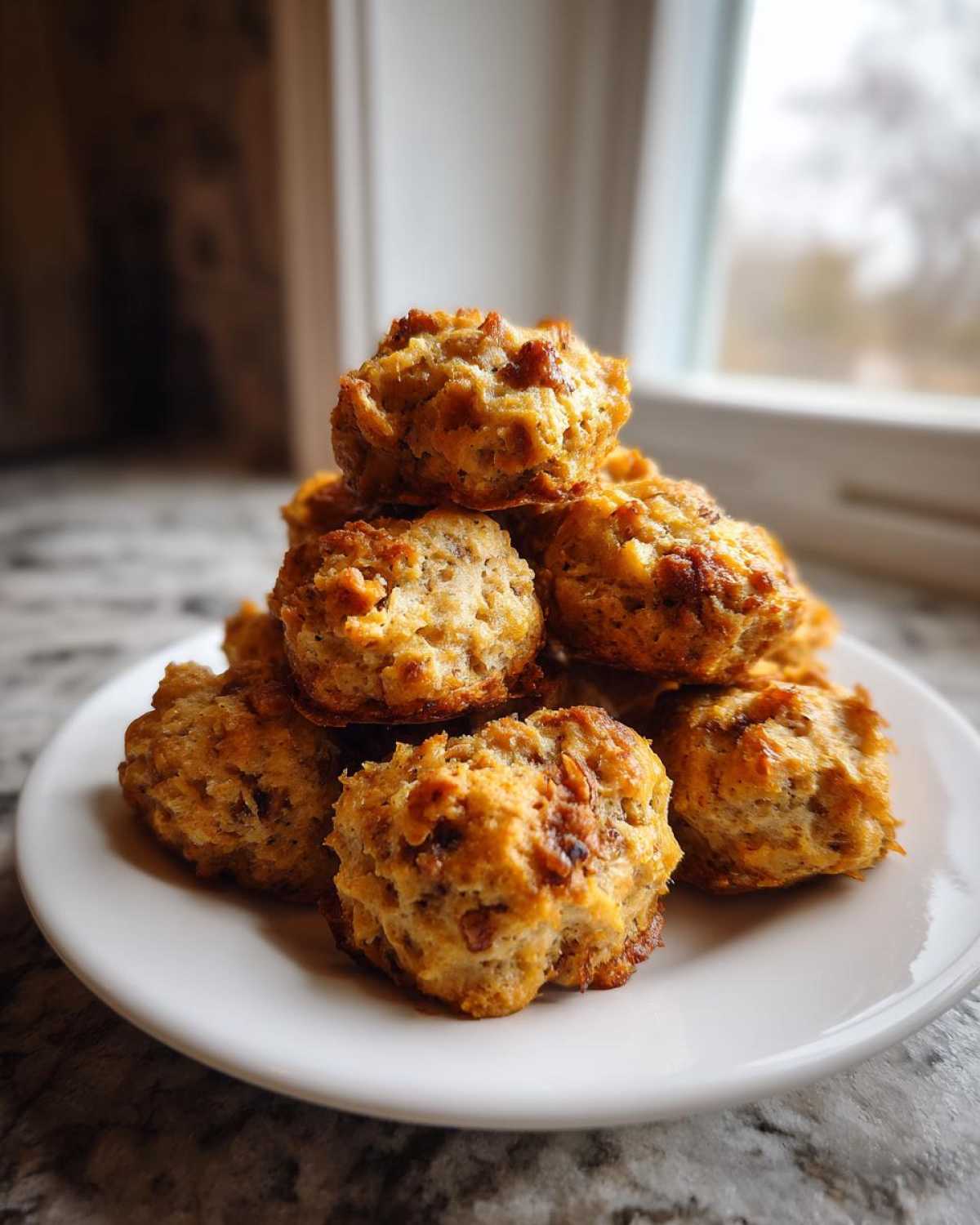 A stack of golden brown, freshly baked bisquick sausage balls piled high on a white plate.