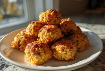 A plate piled high with golden brown, freshly baked bisquick sausage balls catching the sunlight.