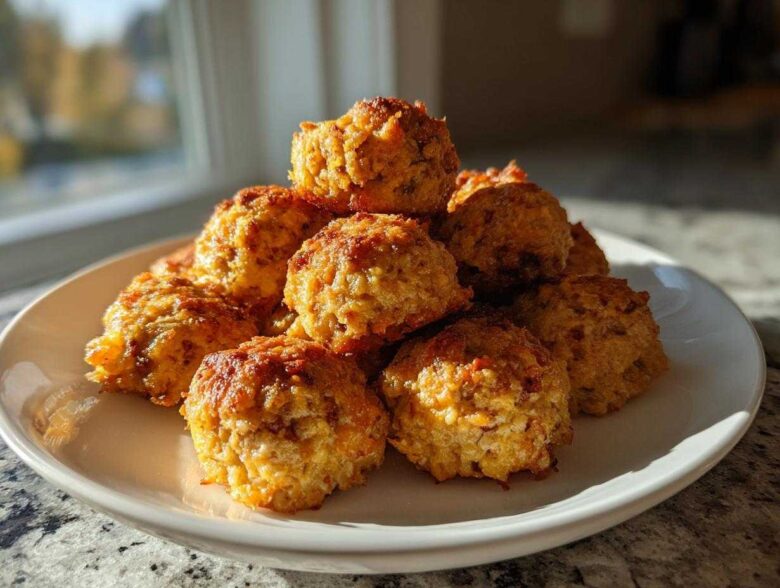 A plate piled high with golden brown, freshly baked bisquick sausage balls catching the sunlight.
