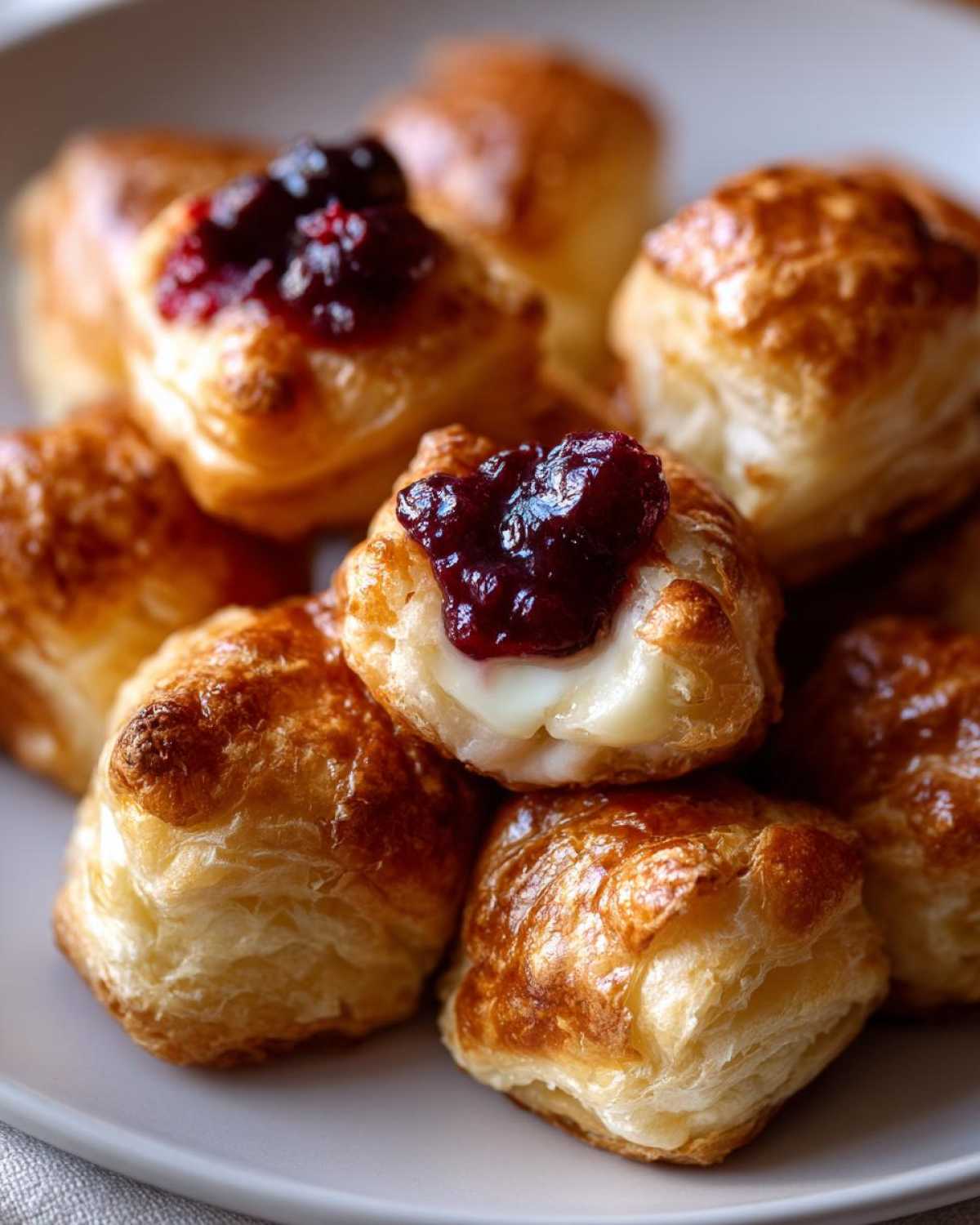 Close-up of golden brown brie bites made with puff pastry, one showing melted brie and a dollop of dark berry jam.