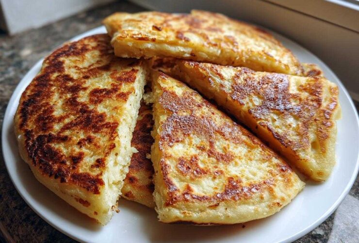 A stack of freshly cooked, golden brown irish potato farls, some cut into wedges, served on a white plate.